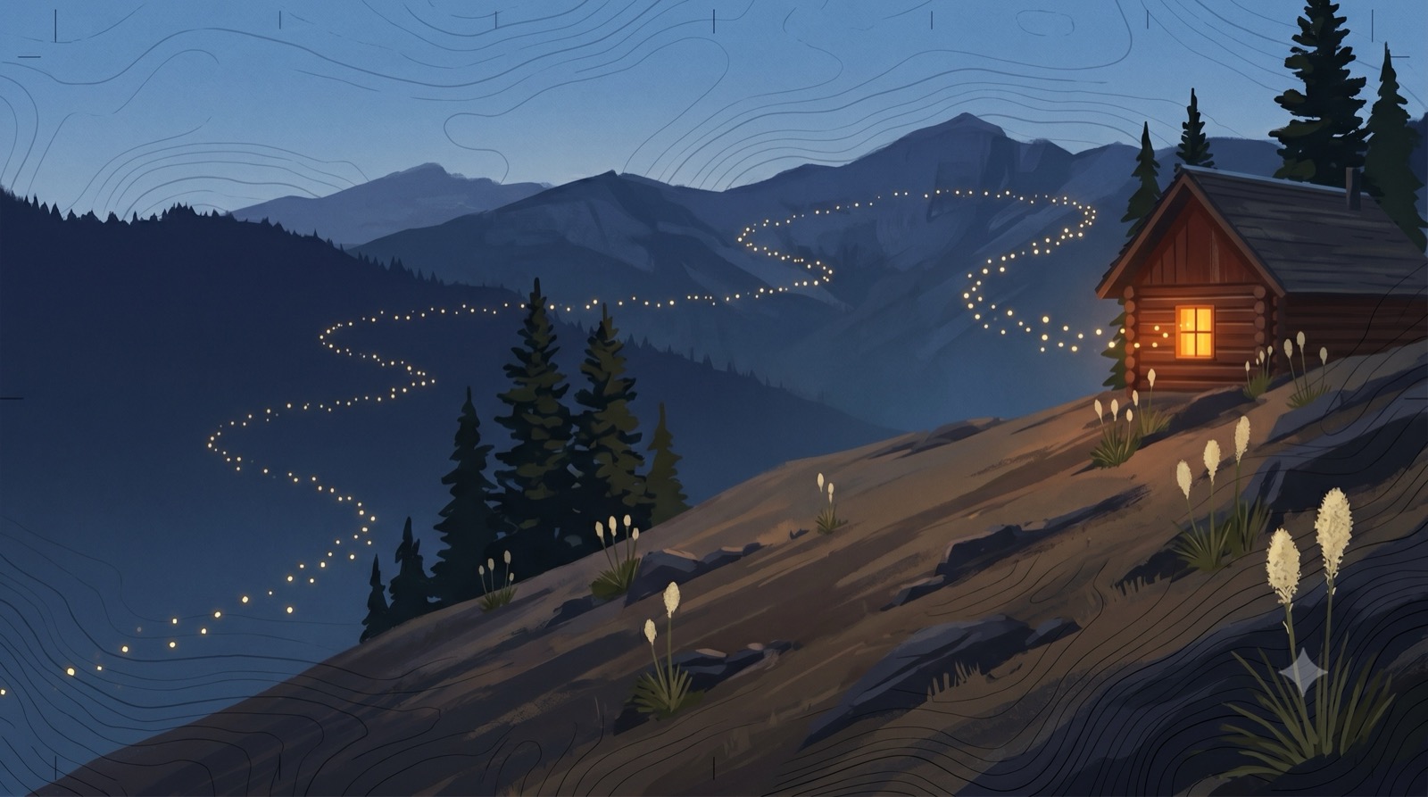 A lit cabin window at blue hour, a trail of lights winding up the mountain toward it