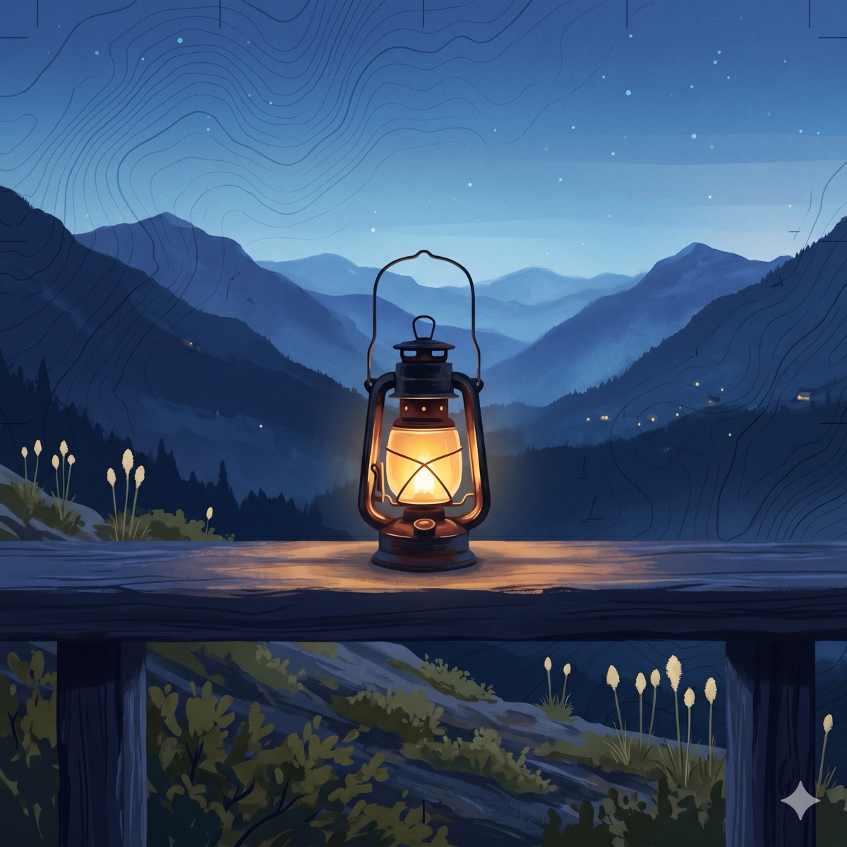 A lantern glowing on a porch rail at blue hour
