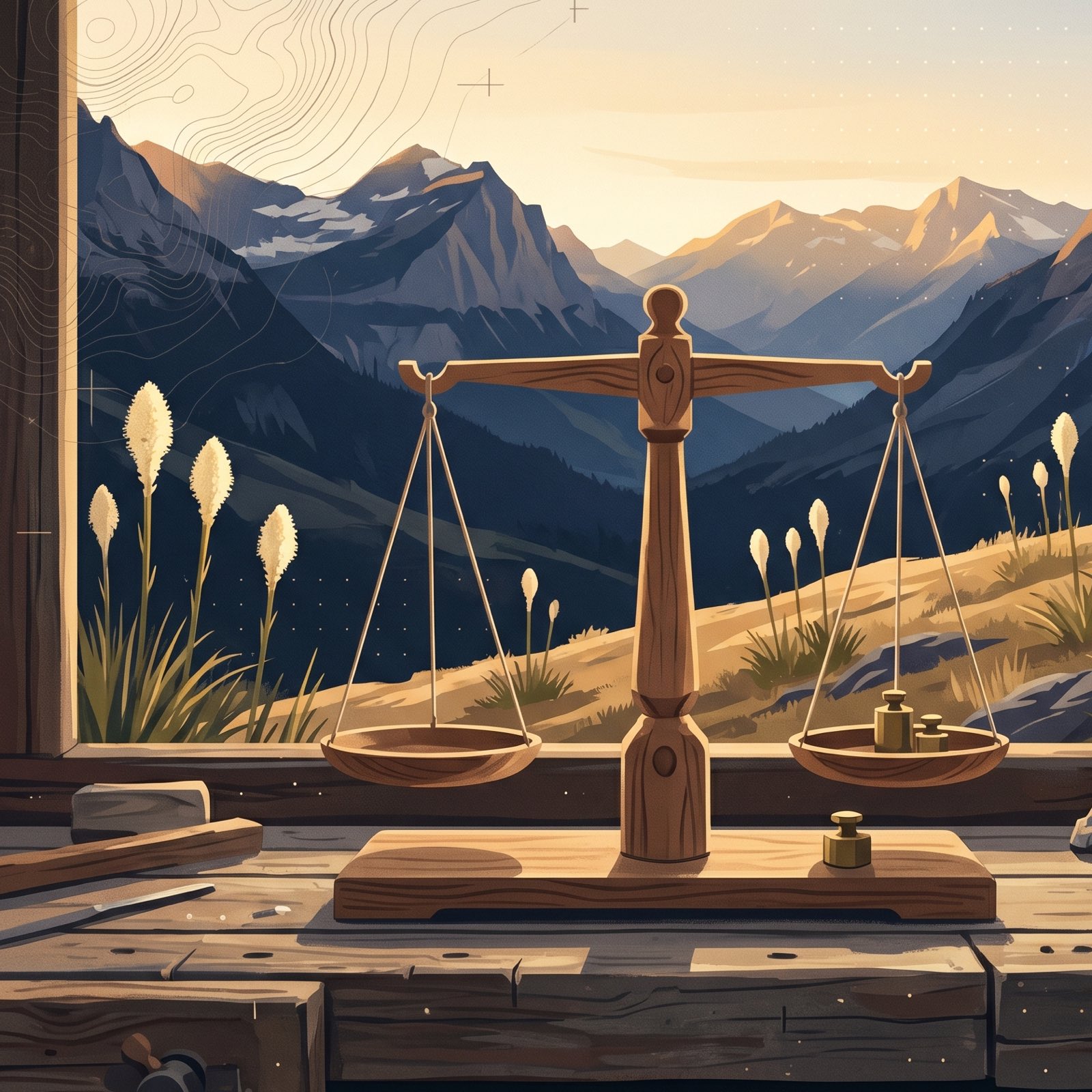 A wooden balance on a workbench at first light, before a window onto the mountains: one pan empty, two small brass weights in the other