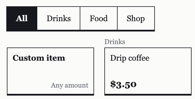 The Sale screen as the counter opens: the groups All, Drinks, Food and Shop, Custom item for any amount, and the first item button, Drip coffee at $3.50.