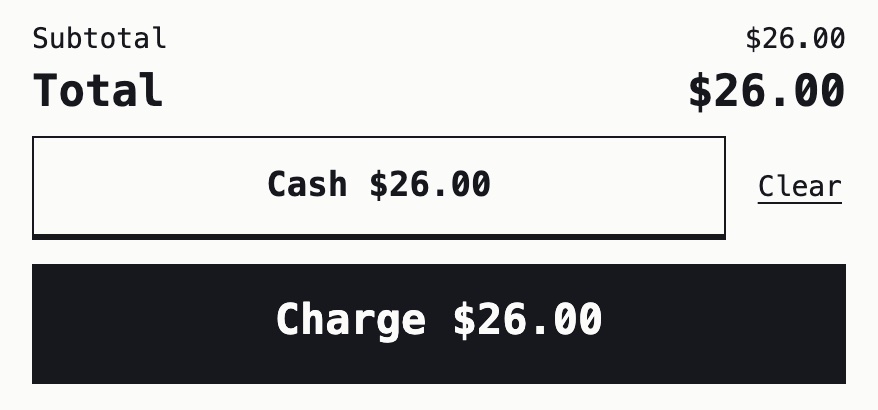 A sale rung up: subtotal $26.00, total $26.00, with Cash $26.00 and Charge $26.00.