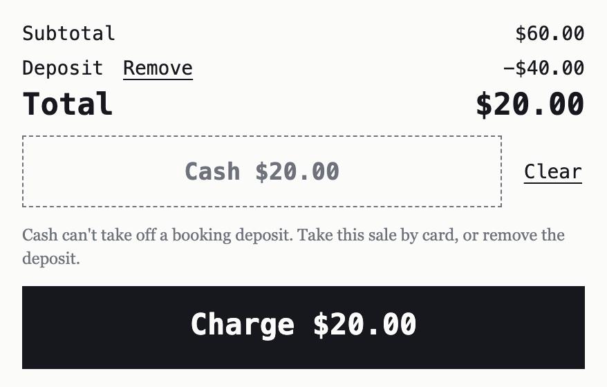 The counter screen on a sample day: a sale of $60.00, the guest's deposit of $40.00 taken off, a total of $20.00, and the button Charge $20.00.