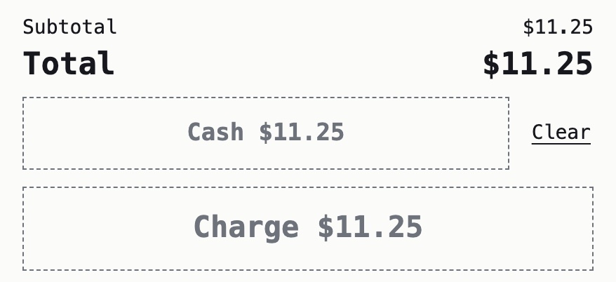 The counter screen with no connection: a total of $11.25, with Cash and Charge both switched off.