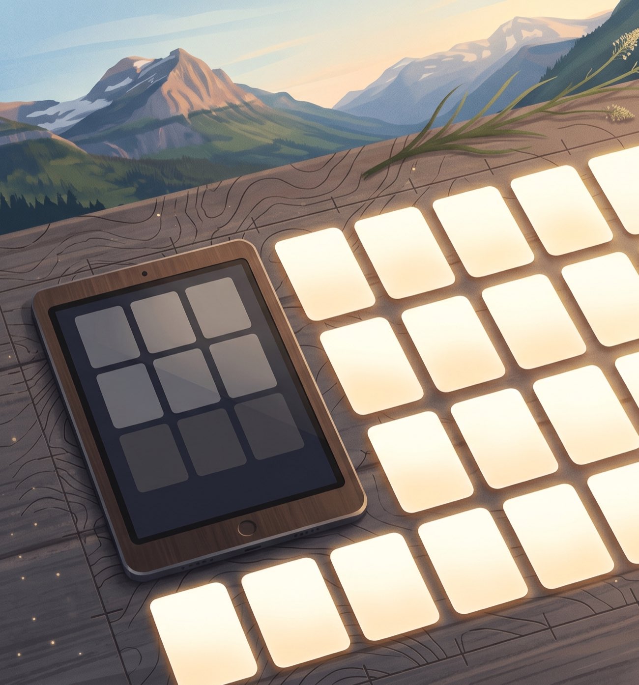 A tablet lying on a surveyor's table beside a grid of glowing cards, the mountains behind; the tablet's own nine tiles are dark
